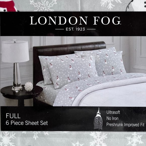 6-pc London Fog FULL SIZE Sheet Set - SNOWMAN SNOWFLAKES - 2 EXTRA PILLOWCASES - Picture 2 of 4
